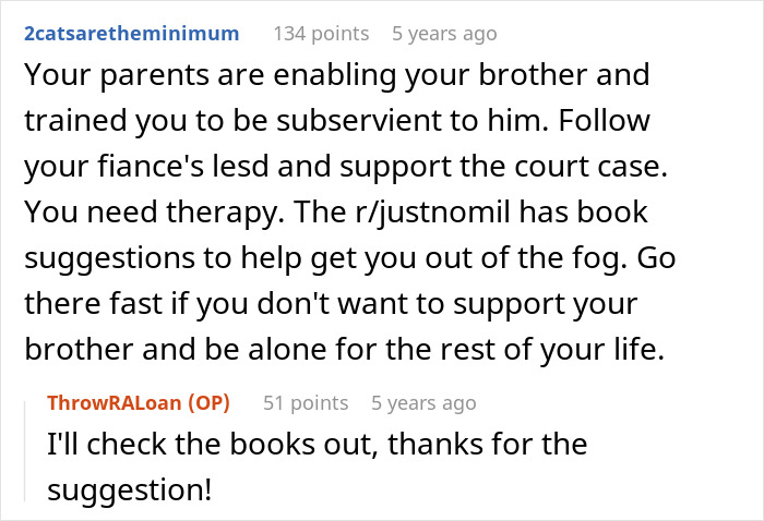 Reddit discussion about bride&rsquo;s family conflict after fianc&eacute; threatens legal action involving her brother.