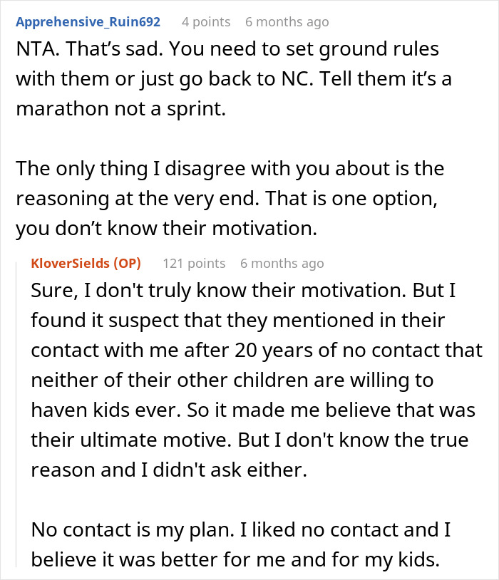Reddit conversation about estranged parents expecting to meet grandkids after 20 years of neglect, son refuses and blocks them.