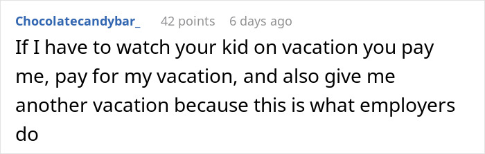 Screenshot of a Reddit comment discussing family trying to dump kids on childfree cousin during vacation conflict.