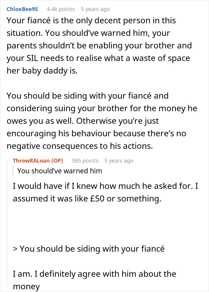 Comments discussing fianc&eacute; threatening legal action against bride&rsquo;s brother amid wedding family conflict and money dispute.