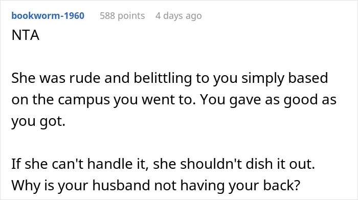 Reddit comment discussing stay-at-home mom mocking sister-in-law&rsquo;s college and degree clap back.