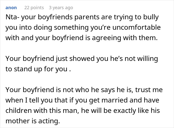 Text comment about a mother-in-law making son's girlfriend sleep in a different room and conflict over prayer and church attendance.