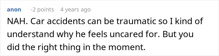 Comment discussing how a guy feels upset after his nurse girlfriend prioritized dogs and a baby during a car crash.