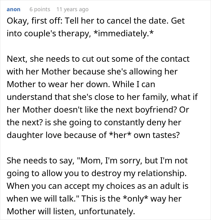 Text advice on managing a mother who interferes and destroys her daughter's happy relationship after a date.