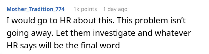 Comment screenshot showing a user suggesting to contact HR for investigation about a workplace issue after working from home.