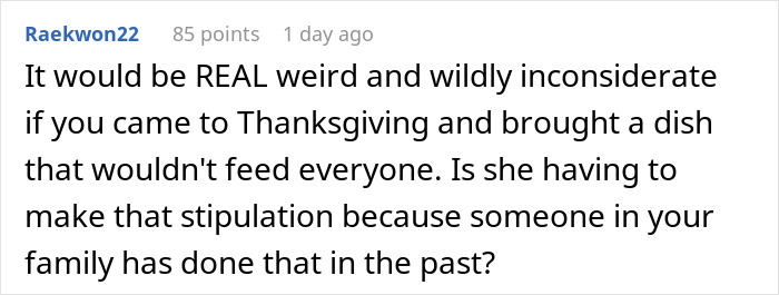 Comment discussing the importance of not refusing to bring expensive food to Thanksgiving to avoid inconsiderate behavior.