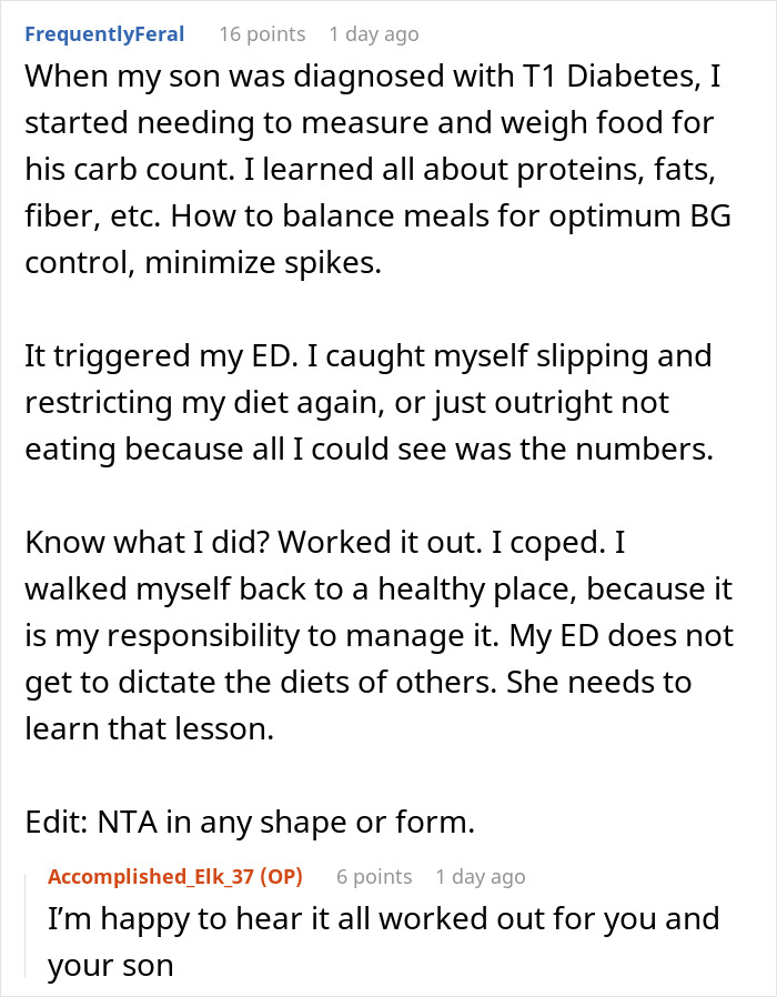 Reddit user shares how strict diet triggered her eating disorder while managing son's T1 Diabetes, emphasizing healthy balance.
