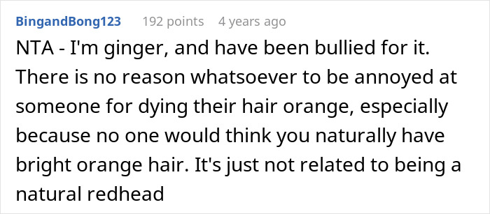 Comment by BingandBong123 explaining personal experience with being bullied for dyeing hair orange in classmate drama discussion.