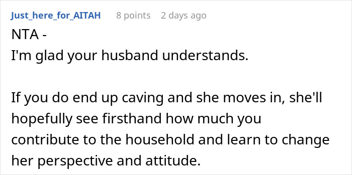 Screenshot of a Reddit comment discussing a woman refusing to let her homeless sister-in-law move in and family conflict.