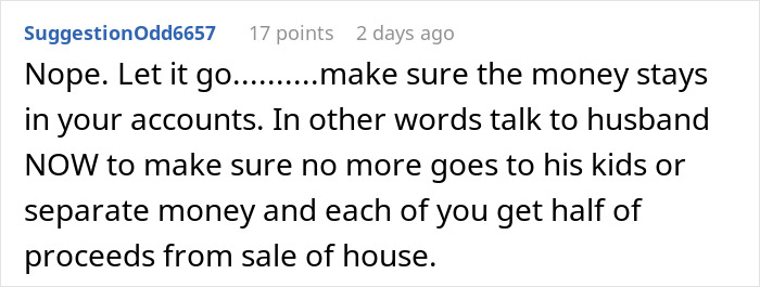 Comment text discussing advice on managing messy, mooching adult stepkids and handling proceeds from house sale.