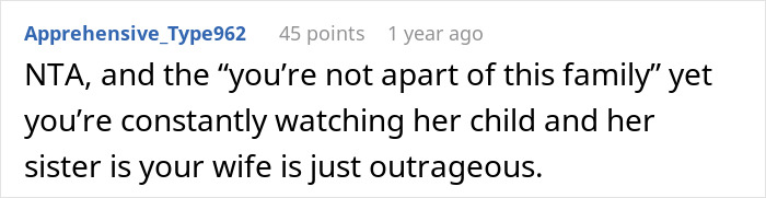 Comment discussing a family argument involving a husband, wife, kids, and a sister causing a major tantrum at Thanksgiving.