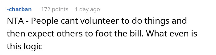 Screenshot of a Reddit comment discussing refusing to bring expensive food for Thanksgiving and billing expectations.