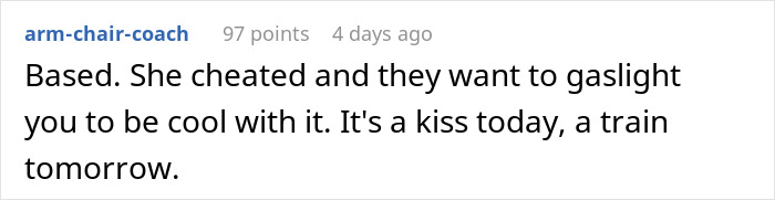 Comment discussing a girlfriend kissing another woman in front of friends and the boyfriend&rsquo;s reaction to break up.