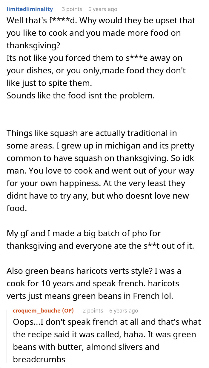 User comments discussing in-laws making fun of woman for Thanksgiving dinner and the food she prepared. User comments discussing in-laws making fun of woman for Thanksgiving dinner and the food she prepared.