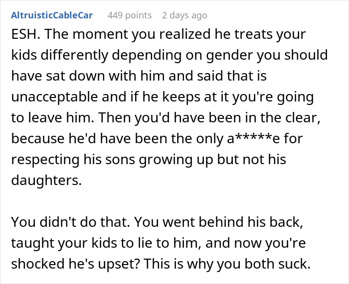 Comment discussing man's reaction to teen daughter's relationship and wife's role in hiding it due to gender bias. Comment discussing man's reaction to teen daughter's relationship and wife's role in hiding it due to gender bias.