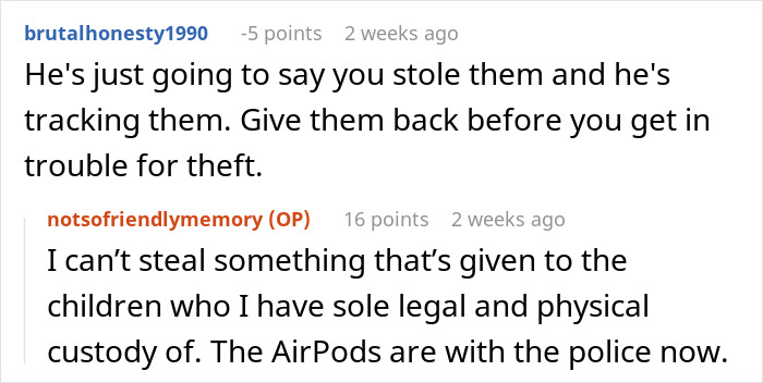Red AirPods on charging case with background of user comments about traceable AirPods gift from ex-husband to son.