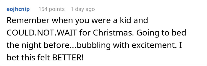 Reddit comment text expressing nostalgia about the excitement felt waiting for Christmas as a kid.