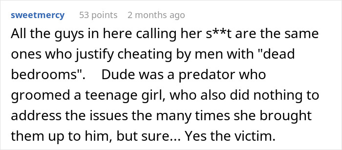Screenshot of a user comment discussing cheating and refusal of intimacy in a troubled marriage situation online.