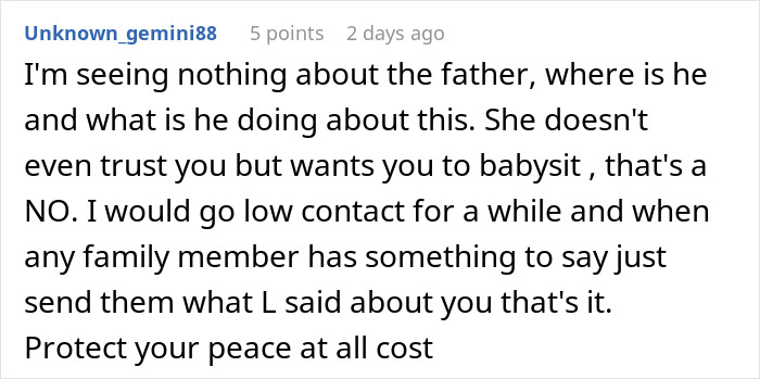 Reddit user advises low contact and setting boundaries when a sibling refuses newborn nephew care and trust is lacking.