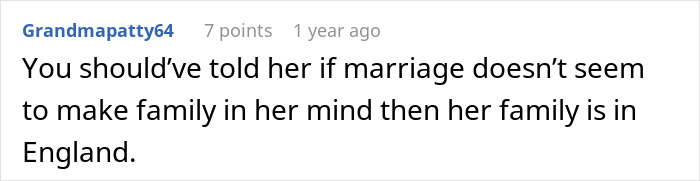 Comment by Grandmapatty64 discussing family and marriage perspectives in relation to son choosing wife and baby over MIL.