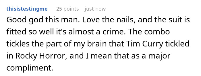 Fan comment praising Alexander Skarsg&aring;rd's unique detail in his otherwise conventional look, focusing on nails and suit fit.