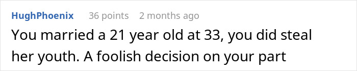 Screenshot of an online comment discussing age difference and intimacy issues in a marriage, focusing on husband refusal.
