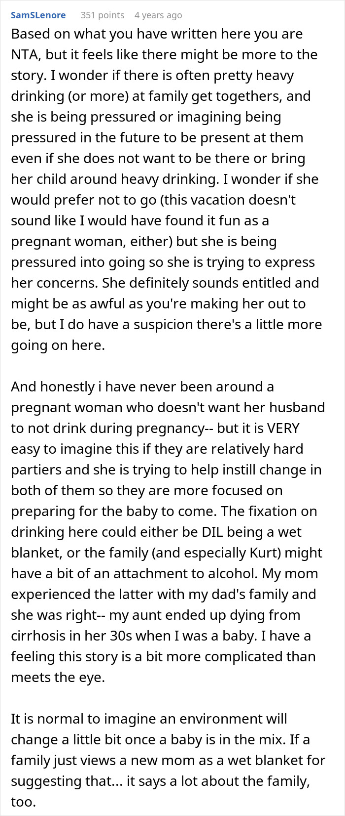 Comment discussing MIL telling DIL the world doesn't revolve around her pregnancy after complaints in family context