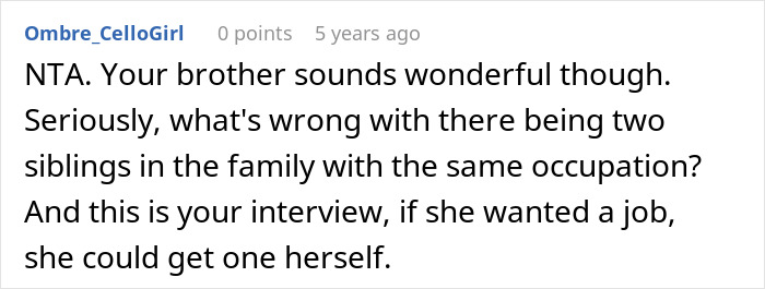 Screenshot of an online comment discussing parents demanding a woman give up career opportunity to spoiled sister.