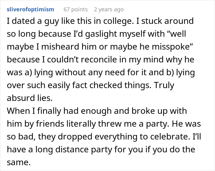 Screenshot of a Reddit comment describing experiences with a man lying about his master&rsquo;s degree and the truth being uncovered by his wife.
