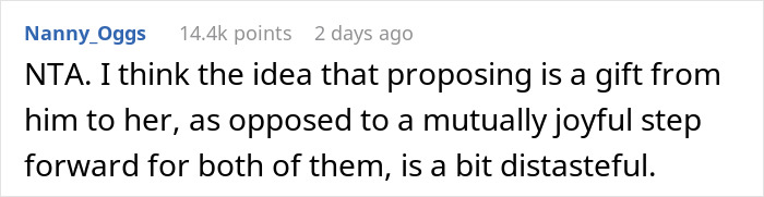 Screenshot of a Reddit comment criticizing the idea that a marriage proposal counts as a Christmas gift.