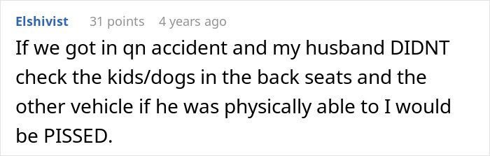Comment discussing anger over not checking kids and dogs after a car crash, related to nurse girlfriend prioritizing them.