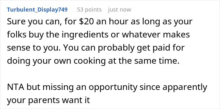 Reddit comment discussing a golden child brother&rsquo;s entitlement to free meals and sibling refusing to comply.