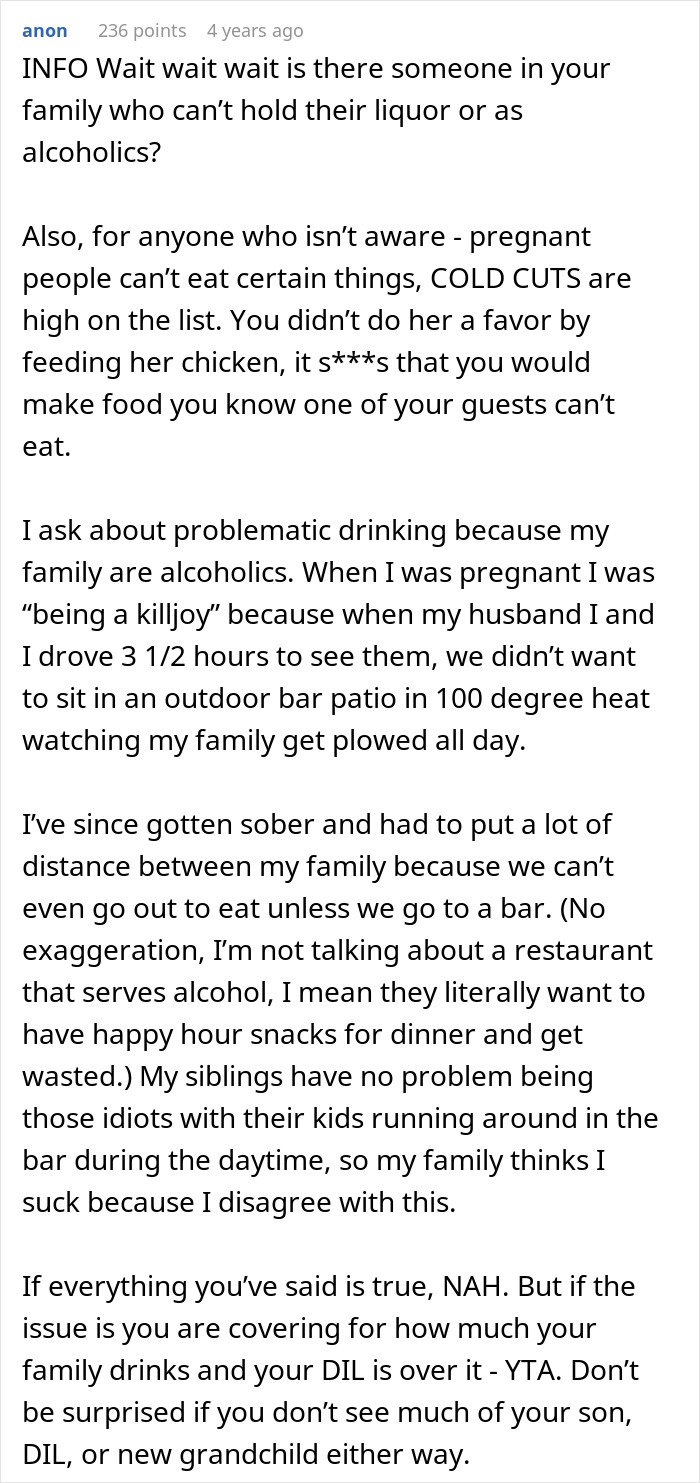 Comment discussing MIL telling DIL the world doesn&rsquo;t revolve around her pregnancy amid family and drinking issues.