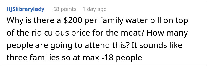 Screenshot of a comment questioning a $200 water bill and expensive meat prices when refusing to bring expensive food for Thanksgiving.