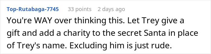 Comment discussing secret Santa organizer excluding coworker from participating if he doesn&rsquo;t want to receive a gift.