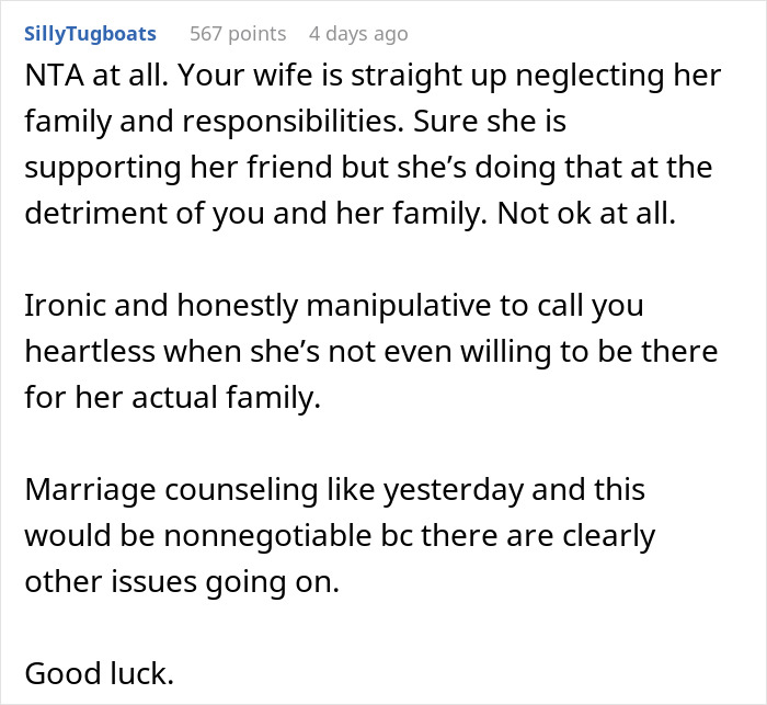 Screenshot of a Reddit comment discussing a mom prioritizing her widowed friend over her kids, causing marital conflict. Screenshot of a Reddit comment discussing a mom prioritizing her widowed friend over her kids, causing marital conflict.