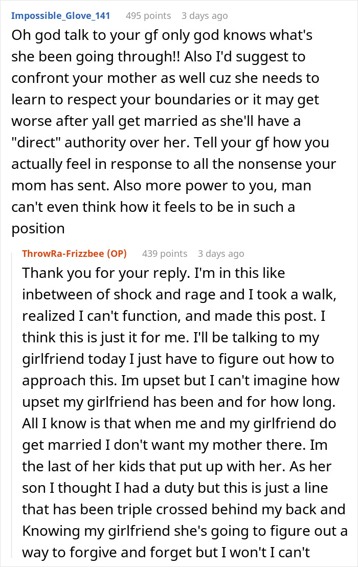Reddit user discusses man cutting ties with mother after she reveals true colors through texts to his girlfriend.