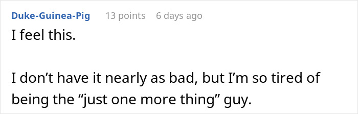 Screenshot of a comment expressing frustration about overworking and being expected to handle multiple roles at once.