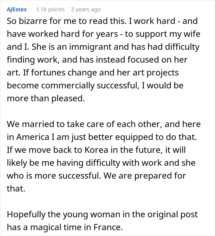 Comment discussing a woman leaving the US to start a new life in France due to her success and relationship challenges.