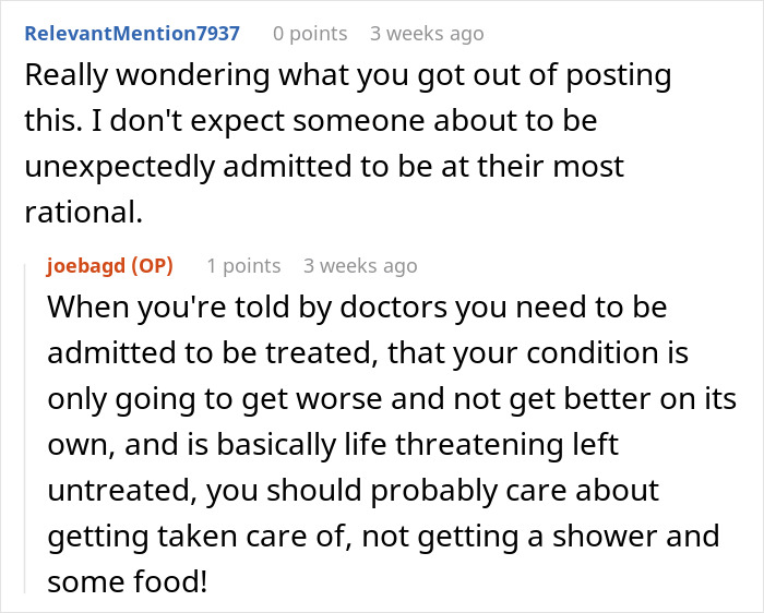 Screenshot of a Reddit conversation where a Karen patient tries to impose her rules on ER staff and calls the cops.