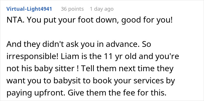 Text comment discussing a guy standing up against being treated like a free babysitter for his girlfriend's son.