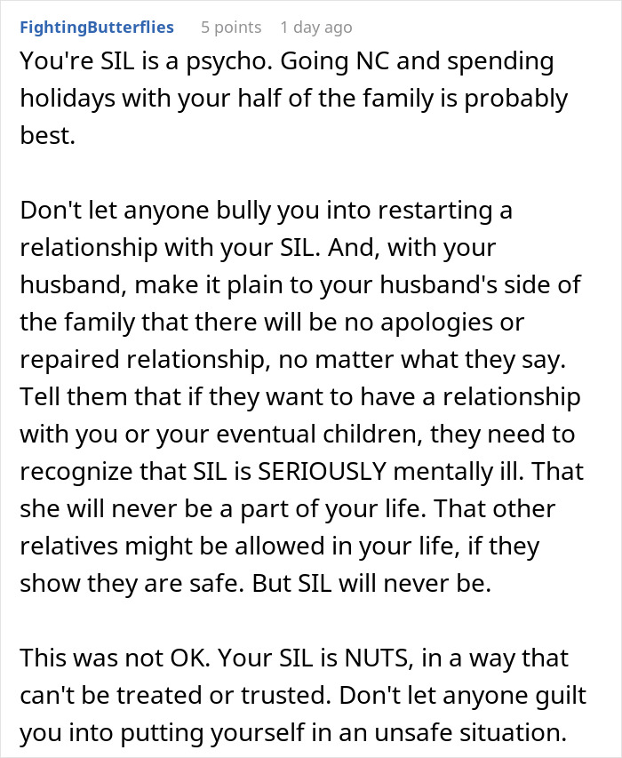 Comment discussing a woman&rsquo;s difficult relationship with her sister-in-law and Thanksgiving family tension.
