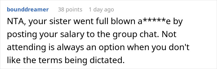 Comment about refusing to bring expensive food for Thanksgiving, highlighting family conflict over shared costs.