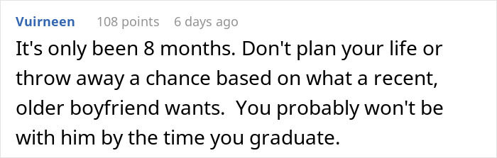 Screenshot of a Reddit comment advising a 20-year-old girlfriend to ignore her 30-year-old boyfriend’s controlling behavior about university. Screenshot of a Reddit comment advising a 20-year-old girlfriend to ignore her 30-year-old boyfriend’s controlling behavior about university.