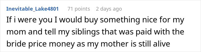 Comment about sister wedding money culture suggesting to buy a gift for mom using bride price money while siblings are informed.