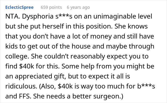 Comment discussing daughter&rsquo;s money struggles related to surgeries, emphasizing financial limits and expectations.