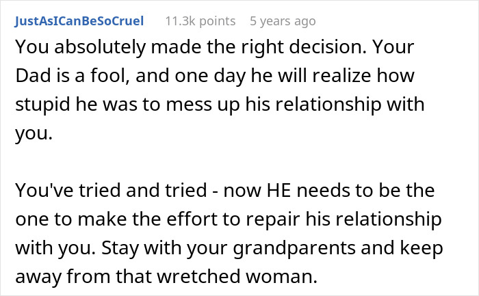 Comment expressing support for a teen leaving home after dad choosing his girlfriend over her.