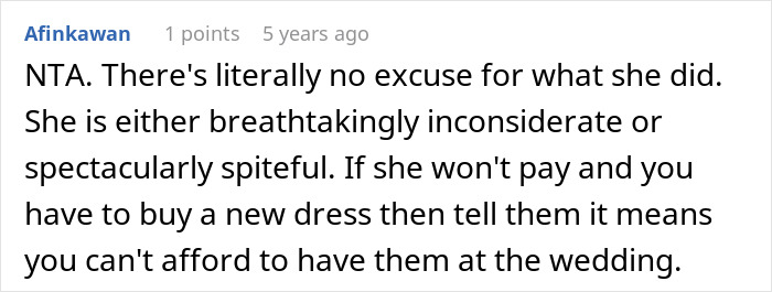 Screenshot of a comment discussing a bride and sister&rsquo;s fancy bridal gown and advice about buying a cheaper dress.