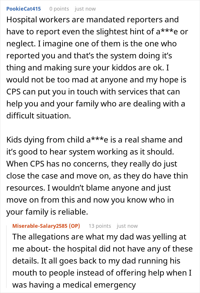 Screenshot of a discussion about a woman fighting for her life in hospital and a toxic dad&rsquo;s rant leading to a CPS case.