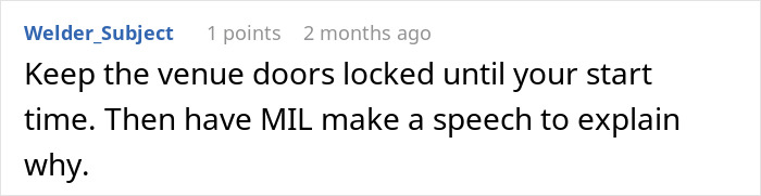 Screenshot of a forum comment advising to keep venue doors locked and have MIL explain at the wedding to protect family image.